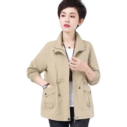 Mother Short Coat Female 2021 Spring Autumn Korean Plus Size Lining Windbreaker Drawstring Waist Stand Collar Jacket Tops 307