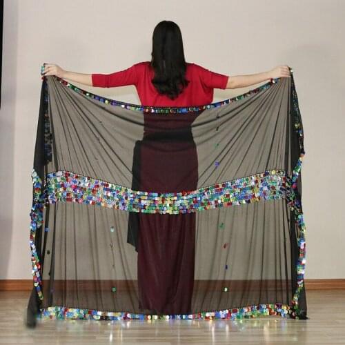 Belly Dance Silk Veils Hand Thrown Scarf Shawl 230cm*140cm Malaya Silk Veil 3 Color Sequins Belly Dancer Accessories For Women