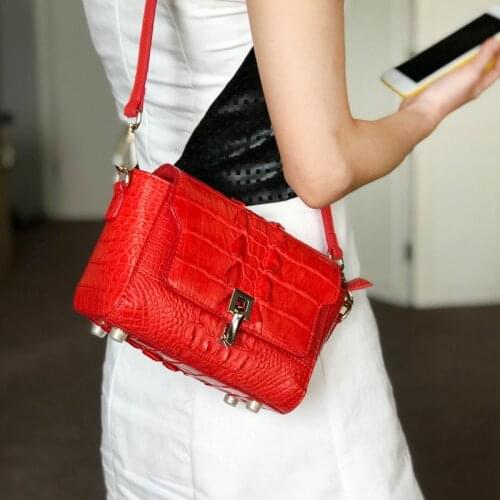 Women Natural Crocodile Leather Flap Bags Vintage Crossbody Shoulder Small Bag Famous Brand Red Wedding Office Lady Sling Bag
