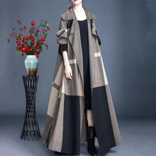 2021Spring Autumn Plus Size Women Literary Retro Loose Plaid Jacket Temperament Over-The-Knee Long Windbreaker Lady Coat L239