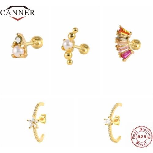 CANNER 925 Sterling Silver Small Cubic Zirconia Pearl Piercing Stud Earrings for Women Cartilage Earring Jewelry Accessories