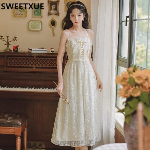 SWEETXUE Women Summer 2021 Vintage French Lace Spaghetti Strips Sweet Kawaii Holiday Party Long Dress Vestidos Mujer Female