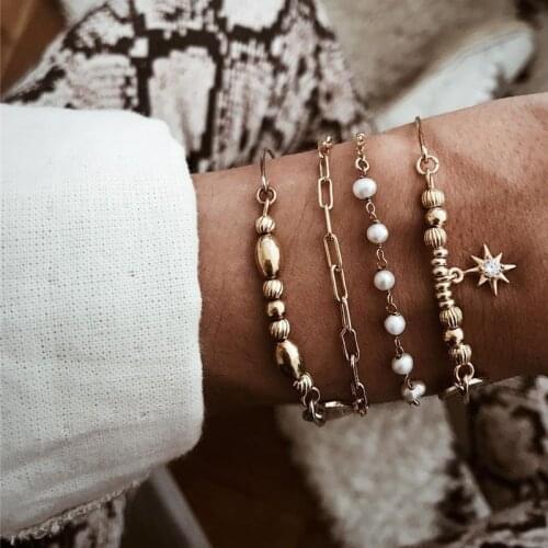 4 Pcs/Set Simple Imitation Pearl Star Bracelet Charm Link Sweet Bracelet Bangle for Women Jewelry Accessories