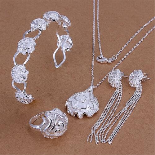 925 sterling Silver classic rose flower pendant bangles rings Bracelets necklace earrings stud Jewelry set for women Party gifts
