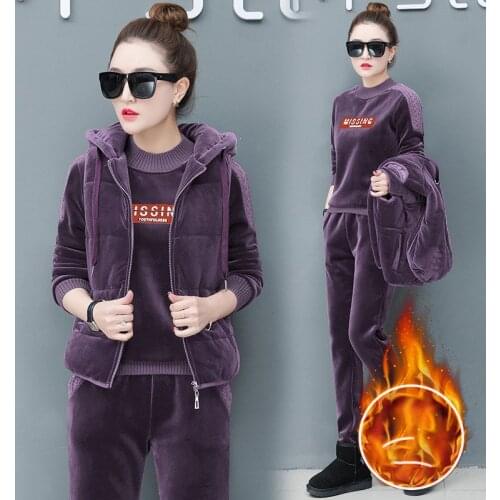 Velvet Warm Women Suit Tracksuit Winter 3 Piece Set Hoodies+Vest+Pants Casual Inside Outside Sporting Women Suits Female Clothes
