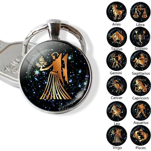 Zodia Constellations Sign Keychain Birthday Gift Glass Dome Manual Pendant Jewelry Virgo Cancer Aquarius Keyring Key Chain