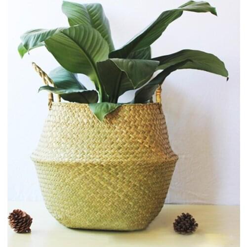 Household Storage Foldable Natural Seagrass Woven Storage Basket Pot Garden Flower Vase Hanging Wicker Basket Bellied Baskets