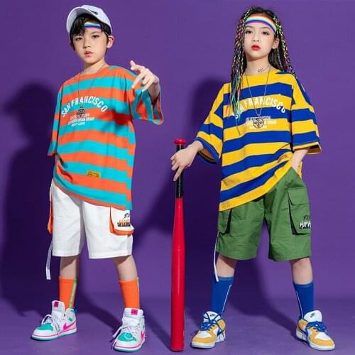 Kids Concert Show Hip Hop Clothing Stripe Tee Tops Streetwear Cargo Shorts For Girls Boy Dance Costume Singers Stage Clothes