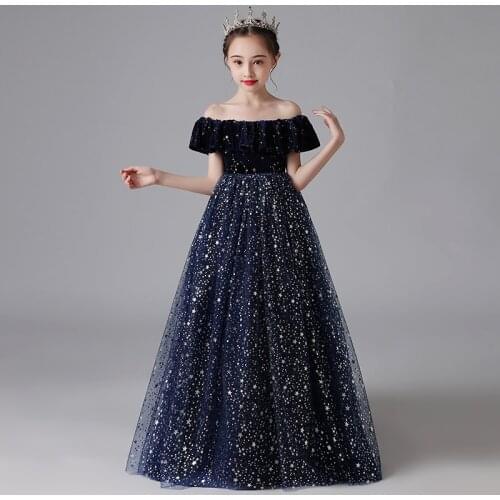 Flower Girl Dresses Illusion Sequined Off The Shoulder Boat-Neck Short Princess Tulle Lace Luxury Dark Blue Kids Party Gown H638