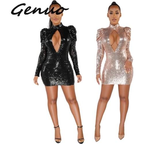 Genuo New 2019 Womens Slim Sequins Bodycon Party Dress Elegant Puff Sleeve Cut Out Sequins Mini Dress Skater Robes