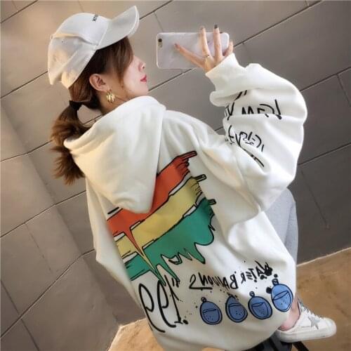 Harajuku Cartoons Printed Graphics Oversized Hoodies Women Winter Autumn Top Fleece Hooded Sweatshirt Cute Pockets Pullover Tops