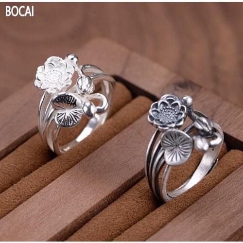 BOCAI New Real Pure S925 silver woman ring retro craftsmanship matte rich and precious flower ring Fashion Jewellery