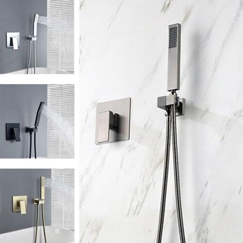 Brass Square Brushed Gold Grey Hand Held Shower Set with Wall Connector & Hose Hot Cold Water Mixer Bathroom Shower Faucet Black