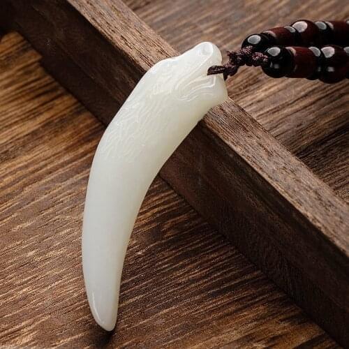 Hot selling natural hand-carve jade wolf tooth ethnic wind totem Necklace Pendant fashion Jewelry Men Women Luck Gifts