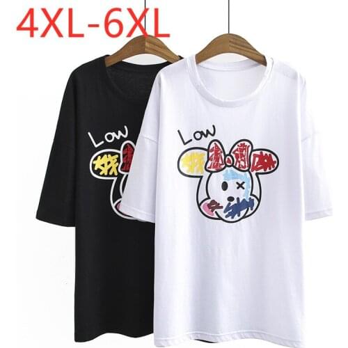 New 2021 Ladies Summer Plus Size Tops For Women Large Short Sleeve Loose Cotton White Print Cartoon O-neck T-Shirt 4XL 5XL 6XL