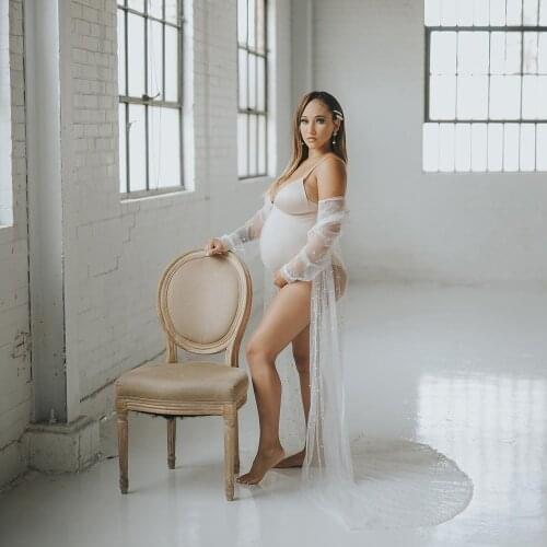 New Sexy Soft Tussle Maternity Long Sleeves Dress Pregenant Voile Gown with a Tie for Woman Photography Prop Baby Shower Gift