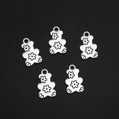 15pcs/Lots 20x12mm Antique Silver Plated Bear Charms Alloy Metal Flower Pendant For Handmade Diy Tibetan Jewelry Making Findings