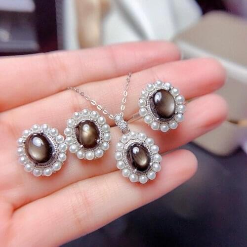 Simple suit, gemstone, natural star sapphire necklace ring stud earrings, party jewelry, 925 silver, gem star light