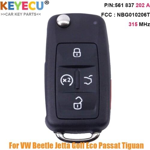 Keyecu Remote Key 315MHz 561 837 202 A for Volkswagen Golf Eos Jetta Passat Tiguan , Fob 4 /4+1 Buttons FCC ID: NBG010206T