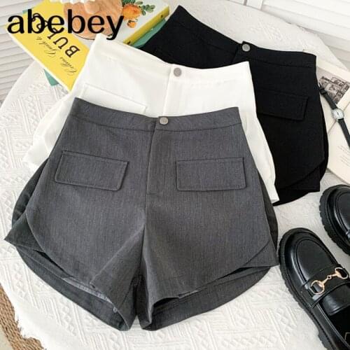 Korean versatile solid Shorts double pocket irregular design high waist split casual wide leg Shorts 2021 New Summer Women