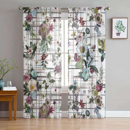 Floral Tile Flower Window Treatment Tulle Modern Sheer Curtains for Kitchen Living Room the Bedroom Curtains Decoration