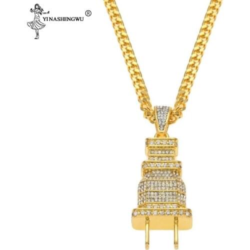 Hip Hop Gold Color Rhinestone Electrical Plug Chains Bling Iced Out Jewelry Gifts Men Women Crystal Pendant & Necklaces Choker
