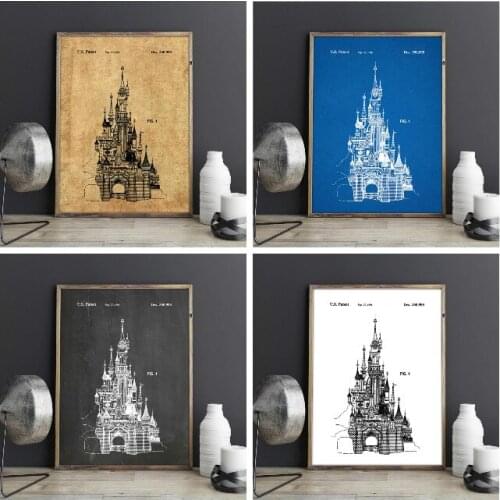 Castle Patent Vintage Posters and Prints Castle Wall Art Picture for Living Room Decor Blue Black Print Canvas Painting
