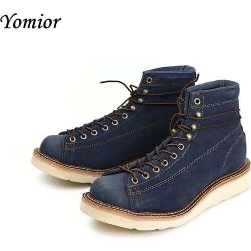 Yomior Handmade Fashion Vintage Casual Men Shoes Autumn Winter Work Ankle Boots Cow Leather Tooling Round Toe Motorcycle Boots