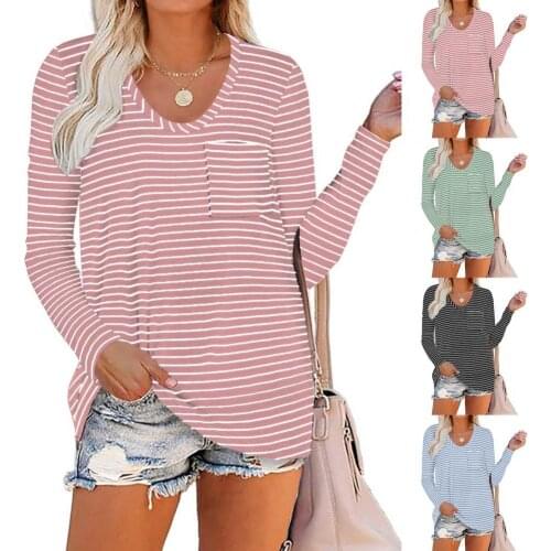 2021 New Long-sleeved Blouse Loose Large Size Round Collar O-neck Striped Long Sleeve Female Tops for Lady