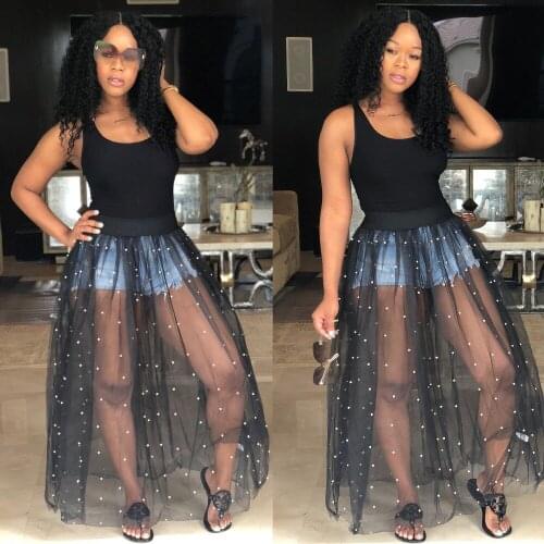 BKLD 2018 Sexy T Shirt Women Black Mesh Patchwork Top Long Shirts Casual Loose T-Shirts Sleeveless O-neck Pearl Beading Tops