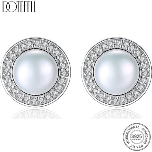 DOTEFFIL Earrings Round Genuine Natural Freshwater Pearl 925 Sterling Silver Stud Earring Pearl Jewelry Women Wedding/Party Gift