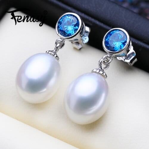 FENASY Pearl Jewelry Natural Pearl earrings for women 925 Sterling Silver Korean Blue Crystal Earrings Fashion Jewelry