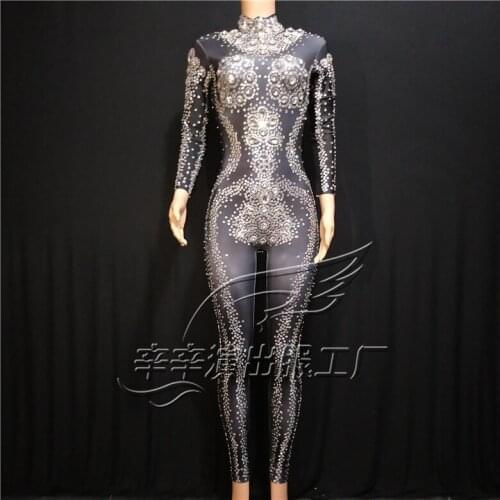 Women New Shining Rhinestones Black Jumpsuit Female Crystals Nightclub Stage Costume Singer Party Catwalk Performance Clothing