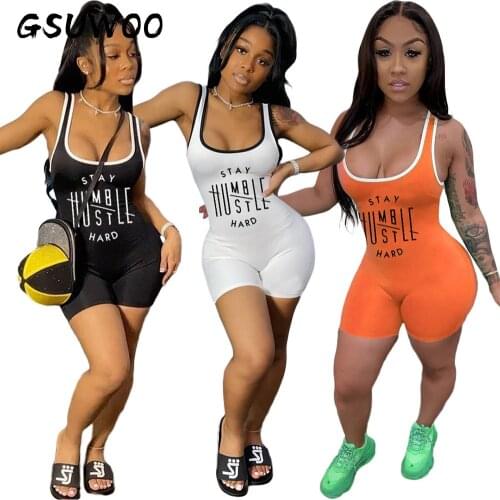 GSUWOO Womens Summer Letter Printing Casual Sports Short Jumpsuit Female Tank Playsuits Sleeveless Skinny Overalls Rompers