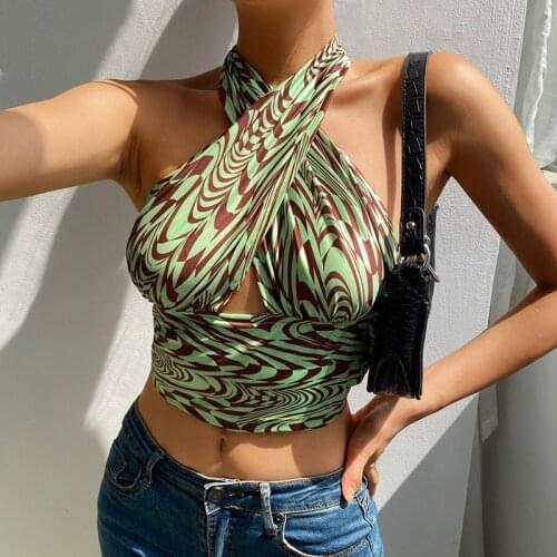 Sexy Green Crop Top Women Halter Neck Tank Top Summer Backless Off Shoulder Vest Hollow Out Print Y2k Vintage Slim Camis Clothes