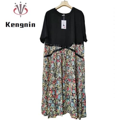 2021 Summer Plus Size 5XL Womens Dress Short Sleeve T-Shirt Dress Print Patchwork Pleated Robe Fake Two Piece Dress KE1062