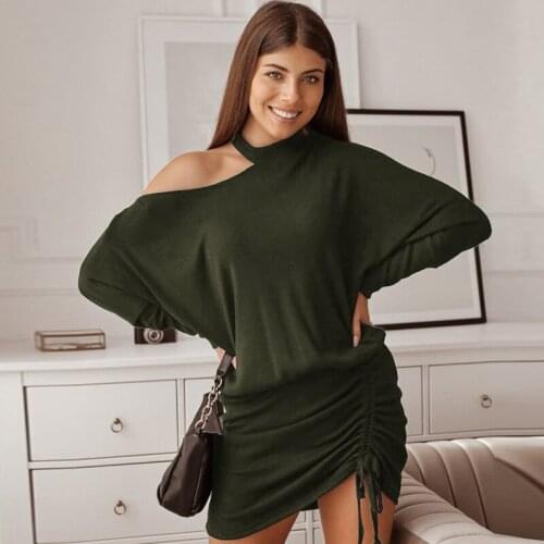 Women Off Shoulder Dress Solid Color Round Collar Batwing Sleeves Drawstring Mini Dress Autumn Spring Female Ladies Clothes New