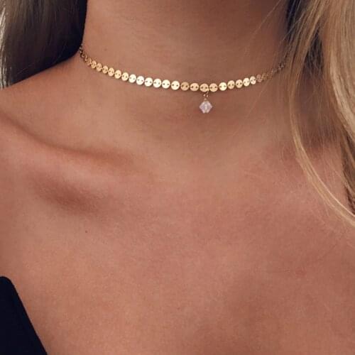 Sexy Vintage Copper Sequins Water Drop Crystal Pendant Choker Necklaces Women Simple Elegant Clavicle Necklace Jewelry YN937