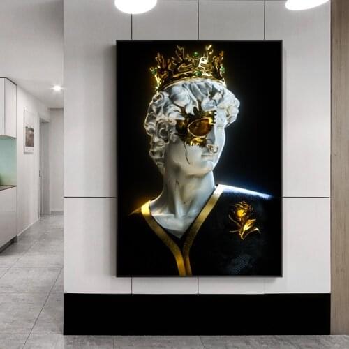 Golden Aesthetic David Sculpture With Crown Canvas Wall Art Prints Statue Painting Poster Pictures For Living Room Decoration