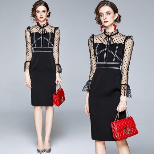 ZUOMAN Women Elegant Pencil Dress Festa High Quality Office Lady Party Robe Femme Vintage Designer Black Dot Mesh Vestidos