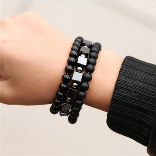 3Pcs/Sets Hematite Men Bracelet Sets Trendy Handmade Classic Strand Matte Stone Beaded Bracelet Sets Jewelry Gift Pulsera Hombre