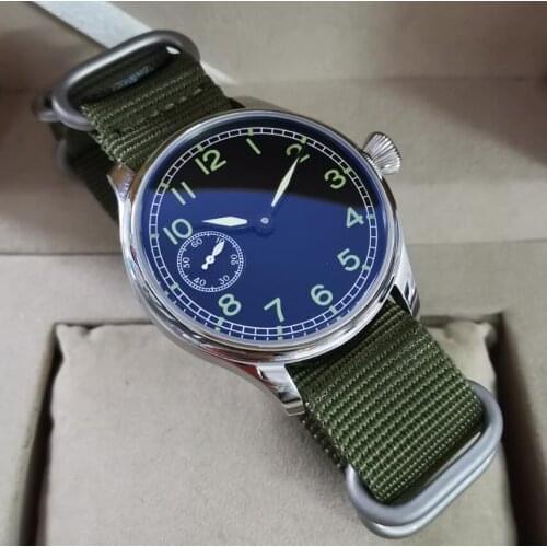 44mm Pilot not have logo Mechanical Hand Wind Mens Watch Black dial Green number Seagull st3600 swan neck movement