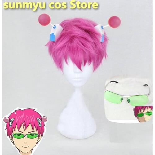 Tokyo Anime The Disastrous Life of Saiki K. Cosplay Wig Glasses Saiki Kusuo Short Pink Synthetic Hair with Hair Pin +Wig