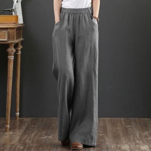 Women Cotton Linen Wide Leg Pants New 2020 Autumn Vintage Style Solid Color Elastic Waist Female Loose Casual Trousers S1823