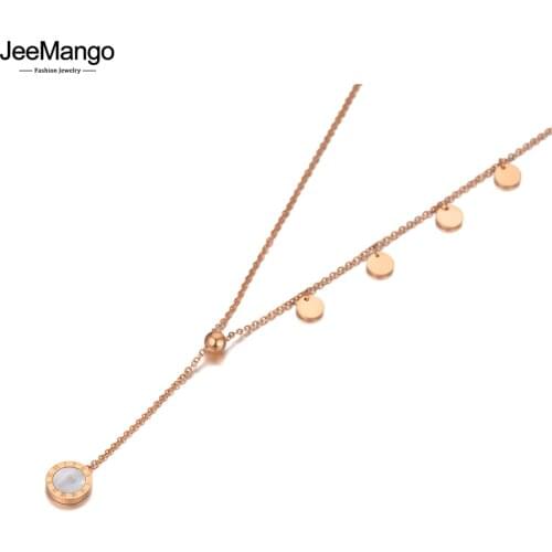 JeeMango White Shell Roman Numerals Charm Pendant Necklaces For Women Fashion Rose Gold Stainless Steel Chain Necklace JN20169