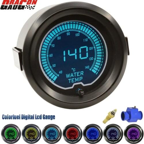 Dragon 52mm(2 INCH) Car Water temp gauge LCD 7 Colors Backlight Digital Temperature Meter Unit40~140 Celsius With Senson