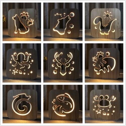 Firya Wooden LED Elk Fish Crab Dinosaur Animal Night Light Luminaria Pet Shaped 3D Desk Lamp USB Powered For Baby Christmas Gift