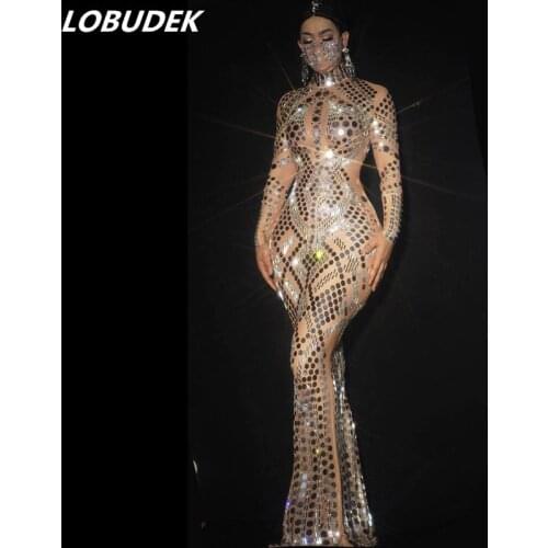 Fashion Prom Birthday Banquet Silver Sequins Rhinestones Mesh Long Dress Sexy Evening Party Concert Singer Floor Length Dresses