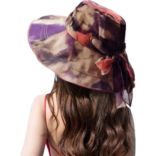 Womens summer hat Tie Dye Wide Brim Bow Decor Foldable Outdoor Sun Hat Bucket Cap шляпа женская летняя