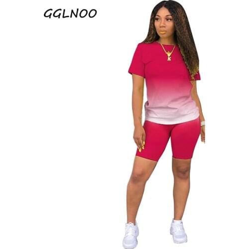 GGLNOO Plus Size Women Clothing Outfits Acitve Gradient T-shirt& Shorts Pants Two Piece Set Sport Tracksuit Sweatsuit GG23291